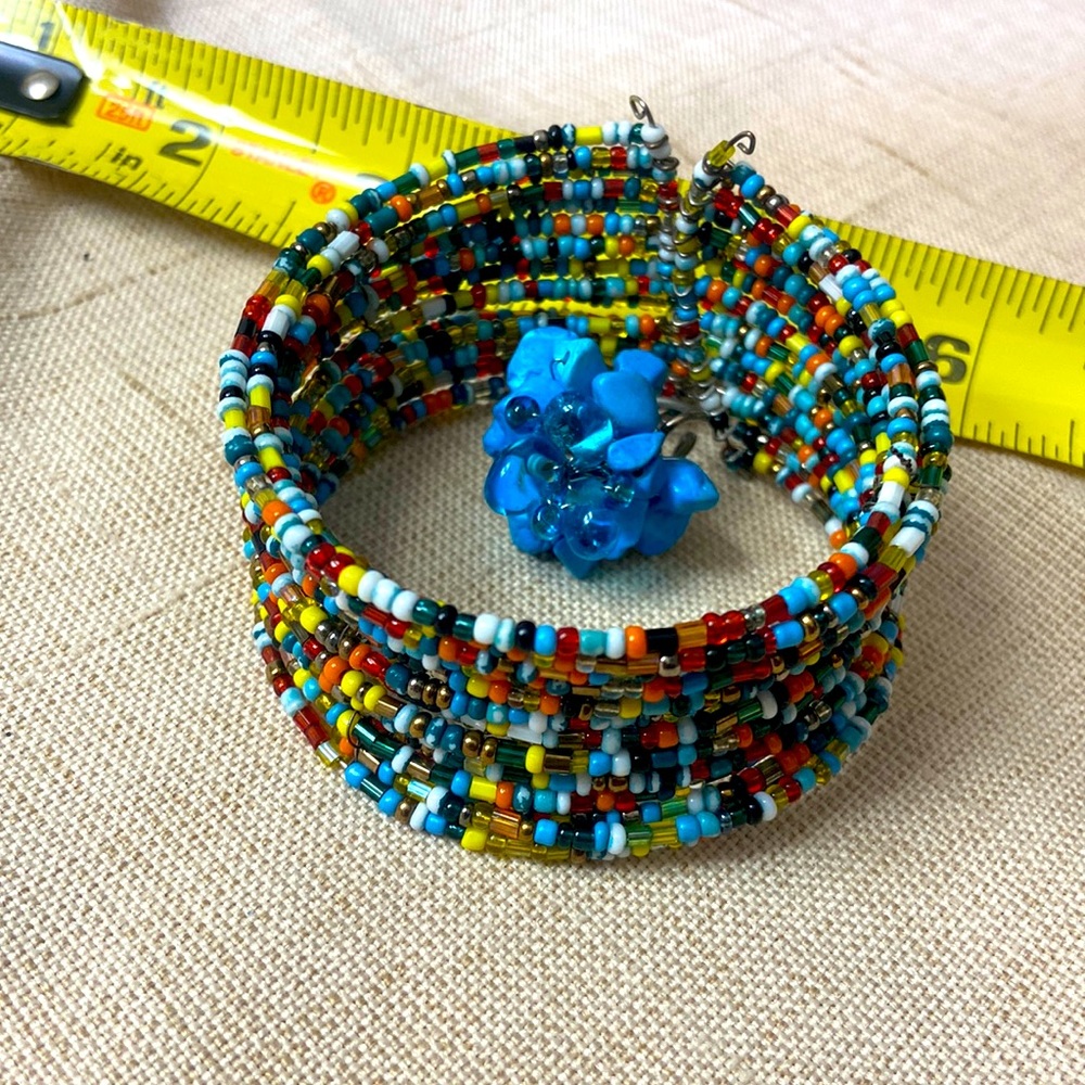 Boho Chic Indian Bead Cuff Bracelet with Adjustable Turquoise Ring